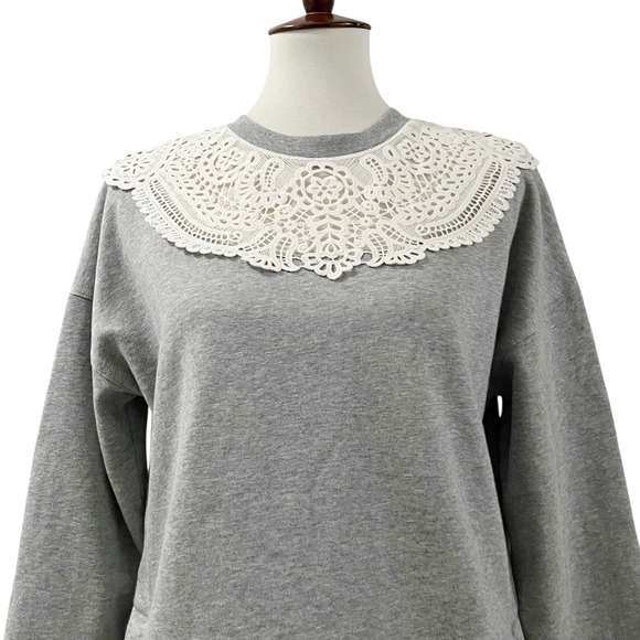 Boden Grey Sweatshirt with White Lace Collar Women's Size XS - Picture 6 of 11